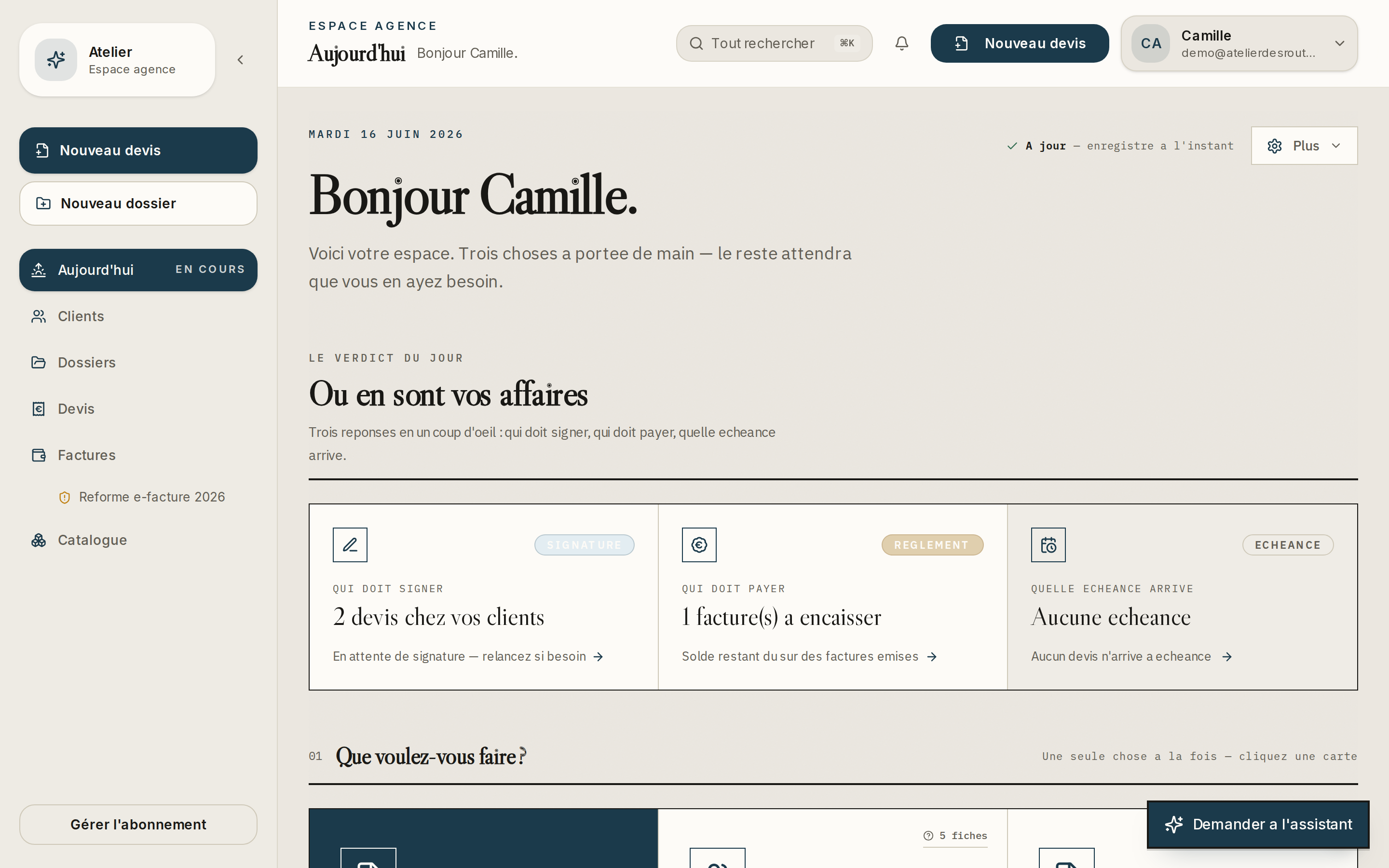 Tableau de pilotage quotidien avec relances et échéances